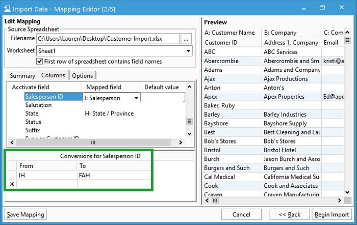 Set up data conversions for salesperson id for customer import